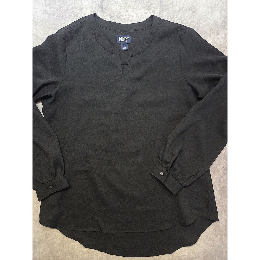Lands' End Popover Blouse Size 12 Black Split Neck Long Sleeve Career Preppy